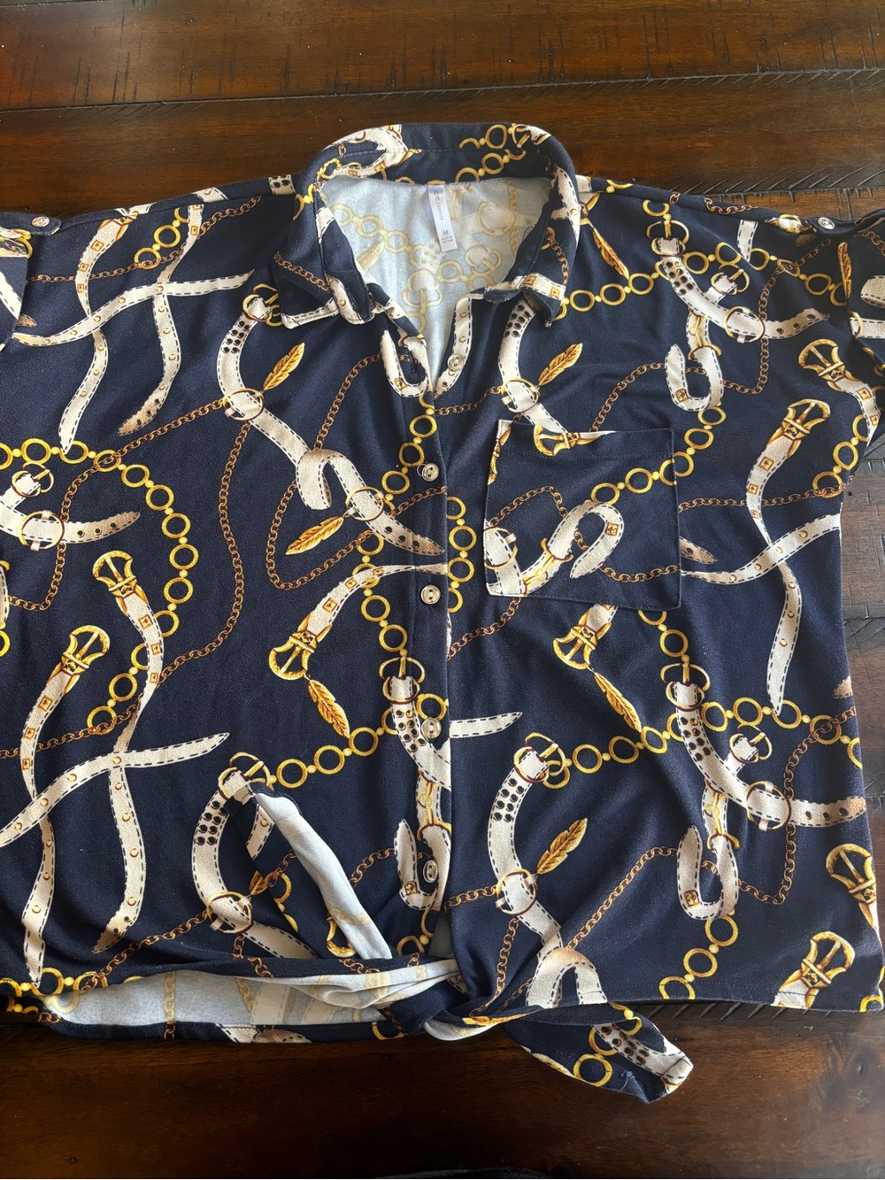DNA couture Navy Chain Print Tie-Front Blouse